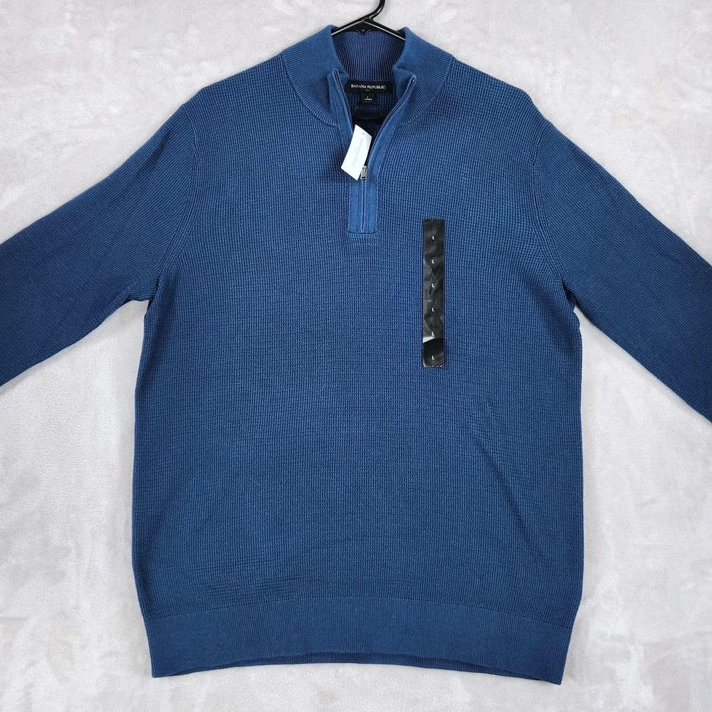 Banana Republic Sweater Mens Large Blue 1/4 Zip Mock Neck Cotton Knit Pullover